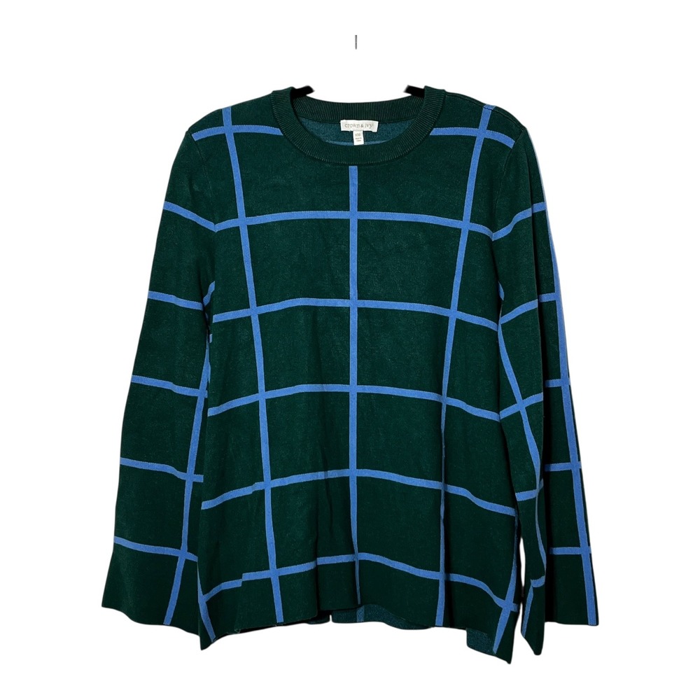 Crown & Ivy Womens XXL Green Blue‎ Windowpane Grid Crew Neck Pullover Sweater